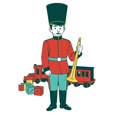A teal Victorian-era toy soldier stands at attention, wearing a tall black hat adorned with gold trim. The soldier's uniform is a bright red, with intricate gold buttons and details. In his right hand, he holds a shiny brass trumpet, poised as if ready to play a tune. The soldier's face is painted with a stern expression, and his posture exudes discipline and pride. The background features whimsical elements like colorful wooden blocks and a vintage toy train, enhancing the nostalgic feel of the scene.