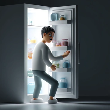 A person, wearing grey pajamas and fuzzy slippers, is quietly sneaking into a dimly lit kitchen. They are slightly crouching, glancing around to ensure no one sees them. The fridge door is wide open, emitting a soft glow that illuminates the surrounding area. Inside the fridge, various food items are visible, including a carton of milk, a bowl of fruit, and leftovers in clear containers. The person’s hand is reaching towards a container of leftovers, while their expression is one of excitement and anticipation.