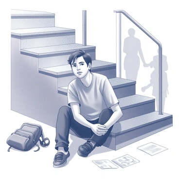 A young man named Hugo is sitting on the ground beneath a set of wooden stairs at a train station. He is leaning slightly forward with an expression of deep thought on his face. The wooden stairs are visible above him, showcasing their texture and structure. There are scattered items around him, such as a worn-out backpack and a couple of crumpled papers. The atmosphere suggests a moment of solitude as he reflects on his next move, surrounded by the architectural elements of the train station and the faint outlines of people in the background.