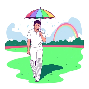 Sachin Tendulkar is walking across a green cricket field, holding a colorful umbrella above his head. He is dressed in a white cricket uniform, with a focused expression on his face as he navigates the slightly wet ground. Light rain is falling, creating small droplets on the grass and his umbrella. In the distance, there is a vibrant rainbow arching across the sky, contrasting with the gray clouds overhead. The atmosphere combines the elements of cricket and the beauty of nature as he walks.