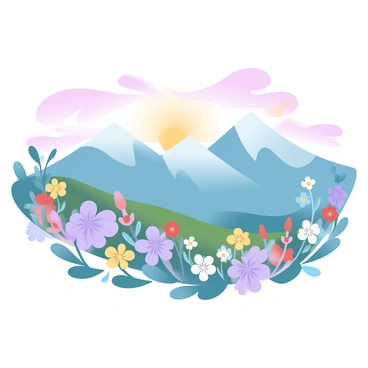 A mountainside is covered with an array of wildflowers in vibrant colors. The wildflowers are swaying gently in the breeze, showcasing shades of purple, yellow, and red. In the background, tall mountains loom majestically, their peaks tinged with warm hues reflecting the setting sun. The sky is filled with beautiful gradient pastel colors, transitioning from soft pinks to golden yellows and deep purples as the day comes to a close. The entire scene radiates the tranquility of nature.