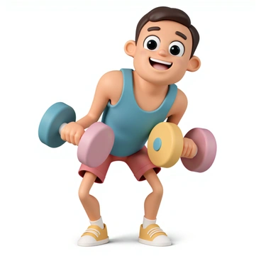 A cheerful cartoon character with a big smile, wearing a bright blue tank top and red shorts, is performing a dumbbell bent-over row exercise. The character has large, exaggerated features, including big eyes and a round face. They are bent over slightly, holding oversized, colorful dumbbells in each hand. The character's muscles are cartoonishly defined, showcasing their effort as they pull the weights towards their chest. The background is minimal to emphasize the character and their exercise action.