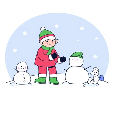 An elf wearing a cozy red and green winter outfit stands in a snowy landscape. The outfit includes a fluffy hat with a pom-pom on top and mittens. The elf is focused on crafting a snow sculpture, using a small shovel to shape the snow. Surrounding the elf are various snow sculptures, including a snowman and a snowflake. The ground is covered in a thick layer of pristine white snow, and soft snowflakes are gently falling from a light gray sky.