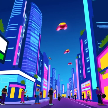 A vibrant futuristic city with tall skyscrapers that have sleek, reflective surfaces and intricate designs. Flying cars of various shapes and colors zip through the sky, leaving trails of light behind them. The buildings are adorned with bright neon lights in shades of blue, pink, and green, illuminating the streets below. People in stylish, modern clothing walk along the bustling sidewalks. Large digital screens display advertisements and dynamic images. The sky is a deep twilight blue, contrasting with the glow of the city lights.