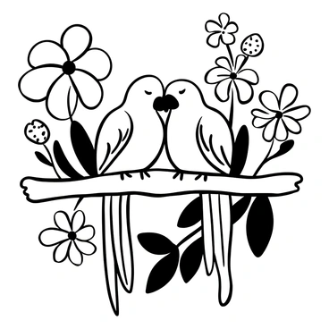 Two parrots snuggling on a branch, with intricate feather details visible in their body structure. The branch has a rough texture, highlighting the natural wood grain. Surrounding the branch are various flowers with distinct shapes and patterns. Each flower has detailed petals and a unique form, creating a lush environment. Some leaves with intricate veins are also present, adding depth to the scene.