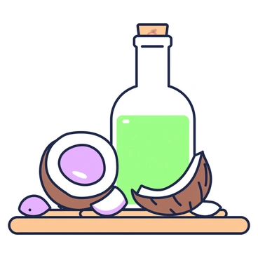 A clear glass bottle filled with coconut oil is placed on a wooden surface. The bottle has a round shape with a narrow neck and a cork stopper. Next to the bottle, there is a cracked coconut with its brown shell showing, revealing the white flesh inside. The coconut is positioned on its side, with pieces of the shell scattered around. Soft light gently illuminates the scene, highlighting the glossy surface of the oil in the bottle and the texture of the coconut.