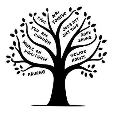 A large, sturdy tree with a solid, thick trunk. From the trunk extend numerous branches, each labeled with different positive affirmations, such as "You are enough," "Believe in yourself," and "Embrace the journey." The branches spread out widely, showcasing the words clearly. The ground is solid, providing a strong foundation for the tree, with a sense of stability and growth.