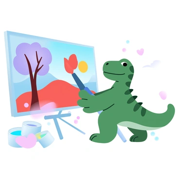 A dinosaur with green scales is holding a large paintbrush in its tiny claws. It is standing in front of a wall that is covered with a vibrant mural depicting a colorful landscape. The mural features trees with purple leaves and a bright sun in a turquoise sky. The dinosaur is playfully applying bright red paint to the mural, with splatters of various colors around it, creating an abstract effect. There are paint cans scattered on the ground nearby, each filled with different colors.