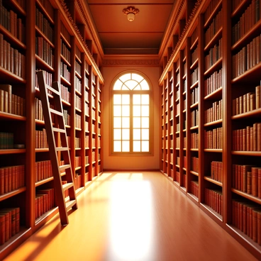 A long row of towering bookshelves filled with numerous old leather-bound books. The shelves stretch high towards an ornate ceiling, decorated with intricate carvings and designs. A warm, golden light filters through large, arched windows, casting soft shadows on the polished wooden floor. In the foreground, an antique wooden ladder leans against one of the bookshelves. The atmosphere is quiet, evoking a sense of timeless knowledge and history.
