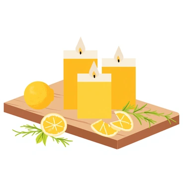 A wooden table with a set of three lemon-scented candles in varying heights placed in the center. The candles are in bright yellow jars, with flickering flames visible. Surrounding the candles, there are several fresh lemon slices arranged neatly, showcasing their bright yellow color and texture. Sprigs of green herbs, such as rosemary and mint, are interspersed among the lemon slices, adding depth and a contrasting color. The overall composition is vibrant and fresh, emphasizing the aromatic theme.