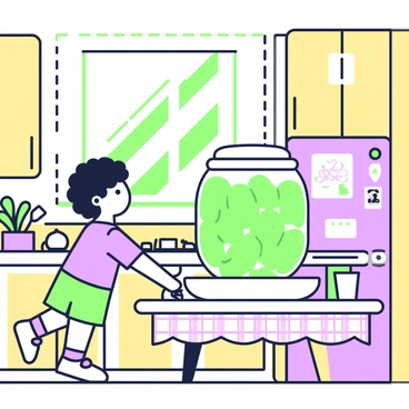 A child with curly hair is standing on tiptoes in a family kitchen, looking intently at a large pickle jar placed on the countertop. The kitchen has wooden cabinets and a checkered tablecloth on the dining table. Sunlight is streaming in through a window, casting a warm glow on the scene. The pickle jar is filled with green pickles, and a few kitchen utensils are scattered around it. In the background, there is a fridge adorned with magnets, and a family portrait hangs on the wall. The child’s expression shows curiosity and wonder as they gaze at the jar.