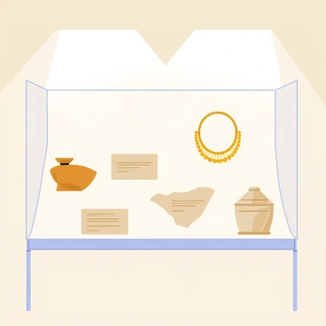 A museum display featuring a variety of ancient artifacts arranged on a glass case. The artifacts include a small bronze statue, a pottery shard, and a decorative gold necklace. Each item is accompanied by a rectangular informative plaque beneath it, displaying details about the artifact. The background of the display is a soft beige color, enhancing the focus on the artifacts. A spotlight highlights each piece, creating a clear view for the visitors.