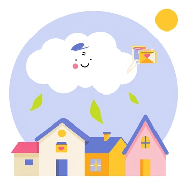 A cloud dressed as a postman delivering letters to houses in a sunny sky