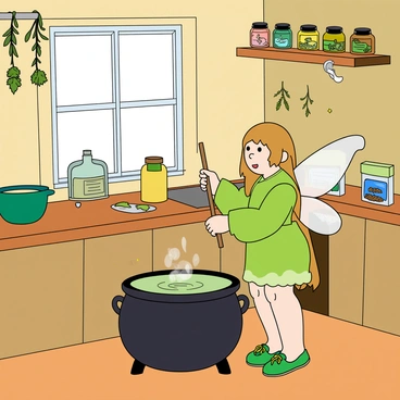 A small fairy with translucent wings and vibrant green attire is standing in a tiny, whimsical kitchen. The fairy has delicate features and long, flowing hair that cascades down her back. She is stirring a cauldron with a wooden spoon, creating ripples in a bubbling mixture. The kitchen is filled with miniature utensils, colorful jars, and tiny herbs hanging from the walls. A bright window allows sunlight to pour in, illuminating the scene and casting playful shadows on the walls. The countertops are scattered with various small ingredients, adding to the enchanting atmosphere.