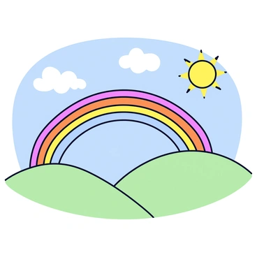 A rainbow stretching across the horizon of a serene landscape