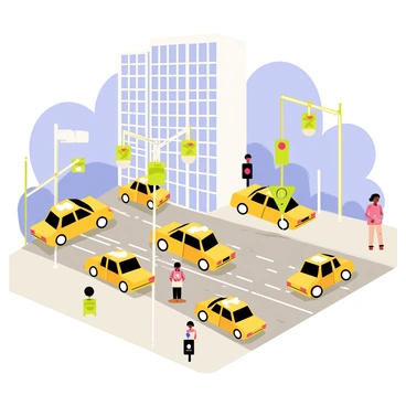 A busy intersection filled with taxis waiting at a red light