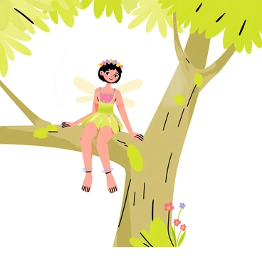 A flower fairy with delicate wings is sitting on a sturdy tree branch. She has a crown made of intertwined flowers resting on her head, with vibrant petals in shades of pink, purple, and yellow. Her dress is made from soft green leaves and small blossoms, blending harmoniously with the natural surroundings. The tree branch is thick and textured, with patches of moss and small, colorful flowers growing nearby. Sunlight filters through the leaves above, casting gentle shadows and creating a magical atmosphere around her.