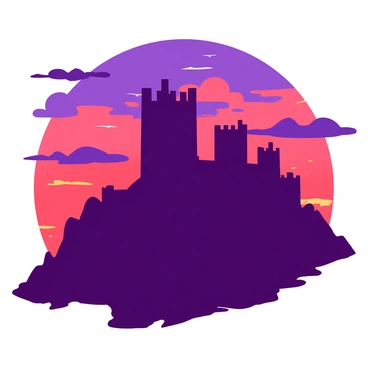 An ancient castle stands majestically with high stone towers and battlements. The castle is silhouetted against a vibrant sunset sky, where shades of red and purple blend seamlessly. Clouds are scattered across the sky, catching the warm hues of the setting sun. The foreground features a dark outline of rugged terrain leading up to the castle, enhancing its grandeur. The scene evokes a sense of history and timelessness.