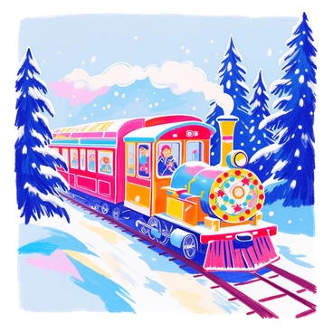 A festive train is moving through a snowy landscape, covered in a thick layer of snow. The train is adorned with colorful garlands and twinkling lights. Passengers can be seen through the windows, smiling and enjoying the ride. Snowflakes gently fall around the train, adding to the winter atmosphere. Pine trees lined with snow are visible on either side of the train tracks. The sky is a soft gray, hinting at more snow to come.