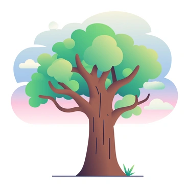A large, leafy tree stands prominently in the foreground. Its trunk is broad and textured with deep grooves. The branches extend outward and upward, resembling human arms reaching towards the sky. The bark of the tree is a rich brown color, contrasting with the vibrant green leaves that flutter gently in a soft breeze. The sky above is a wash of soft pastel colors, blending from light blue to soft pink, suggesting a serene moment at dusk. The scene is infused with a sense of connection between nature and humanity.
