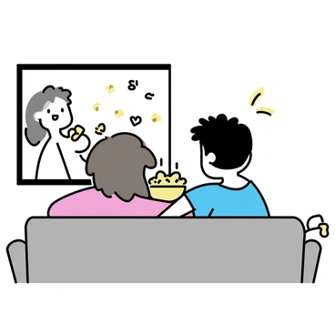Two people cuddling on a couch, watching a romantic movie with popcorn scattered around.