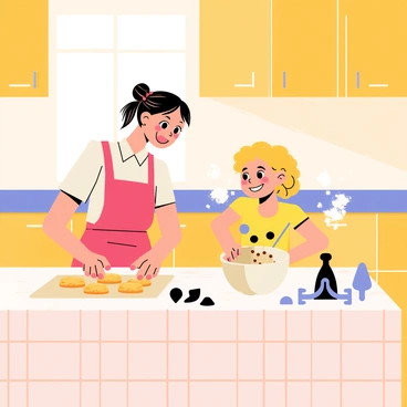 A warm kitchen with wooden cabinets and a checkered tablecloth covering a table. A mother and child are smiling as they bake cookies together. The mother has brunette hair tied back and is wearing a red apron. The child has curly blonde hair and is eagerly pouring chocolate chips into a mixing bowl. Flour is visible in the air, creating a soft dusting around them. A tray of cookie dough sits on the table, with cookie cutters of various shapes nearby. The scene conveys a sense of joy and togetherness in the baking process.