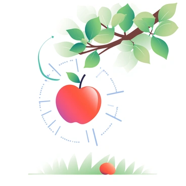 An apple with a shiny red surface is hanging from a branch of a tree. The branch is covered with green leaves, and sunlight filters through them, casting soft shadows. The apple is just breaking free from the stem, and it is in the process of falling downwards. Surrounding the apple are several visible gravity force lines, depicted as dashed lines, illustrating the pull towards the ground. The ground below is covered in grass, and there are a few fallen apples scattered around.