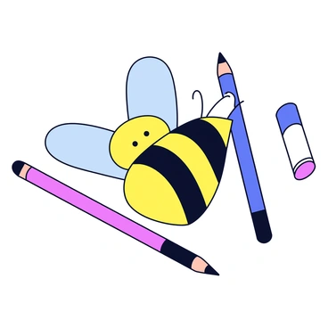 A set of drawing tools including colored pencils, markers, and a paintbrush, arranged in the shape of a bee. The colored pencils form the body with their varied shades creating a striped pattern. The markers represent the wings, placed symmetrically on either side. The paintbrush serves as the bee's stinger, pointed downward. All tools are positioned on a clean, flat surface.