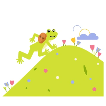 A cartoon-style illustration of a green frog wearing a small brown backpack. The frog is climbing a steep, grassy hill dotted with colorful wildflowers. The hill is bathed in bright sunlight, and in the distance, there are some fluffy white clouds floating in a blue sky. The frog looks determined as it hops up the hill, with a cheerful expression on its face.