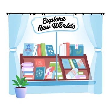 A bookstore's front window display is showcasing an array of beautifully illustrated book covers. Each book cover features unique artwork with vibrant colors and intricate designs. The covers are arranged in a visually appealing manner, with some leaning against each other and others stacked on a wooden display shelf. The window is framed by elegant drapes, allowing natural light to illuminate the book covers. A small potted plant is placed at the corner of the display, adding a touch of greenery to the scene. "Explore New Worlds" is prominently displayed on a sign above the window, inviting passersby to enter.