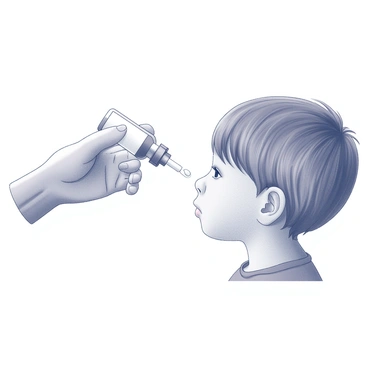 A close-up of a hand holding a small bottle of ear drops, positioned above the ear of a child. The child's head is tilted slightly to the side, revealing the outer ear. The hand, with a gentle grip, is poised to squeeze the bottle, allowing a drop to fall. The child's expression is calm, showing a sense of trust and comfort during the process. Soft, diffused lighting highlights the interaction, creating a peaceful scene.