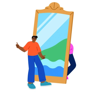A large, ornate mirror with a wooden frame stands against a wall. The surface of the mirror appears to ripple like water, creating visually distorted reflections. The person standing before the mirror has their features blurred and elongated due to the water-like distortion. The colors in the reflection are vibrant and wavy, adding to the surreal effect. The surrounding area is softly lit, emphasizing the unique qualities of the mirror and its captivating image.