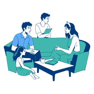 A white living room features a family of four engaged in a serious discussion. The father, wearing a blue shirt, sits on a teal couch, leaning forward with a concerned expression. The mother, dressed in a teal dress, sits beside him, listening intently while holding a white notepad. Their teenage son, in a white t-shirt, stands nearby with arms crossed, looking thoughtfully at his parents. A young daughter with a blue headband sits on the floor, looking up at her family with wide eyes. A small table in front of them holds a white mug and a teal book, adding to the atmosphere of the discussion.
