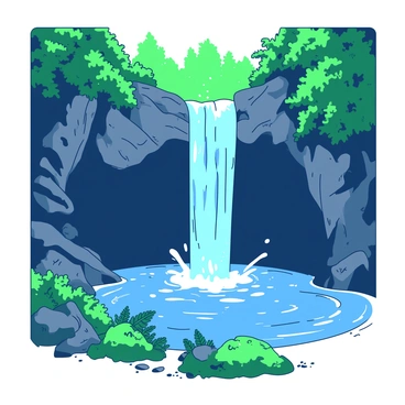 A tall waterfall cascades down from a rocky ledge, spilling water into a clear pool below. Behind the waterfall, there is a dark cave entrance partially obscured by mist and droplets of water. The surrounding forest is dense with lush green trees and thick foliage, creating a natural frame around the scene. Sunlight filters through the leaves, casting dappled light on the cave entrance and highlighting the wet rocks. Small ferns and vibrant moss cover the ground near the pool, adding texture to the landscape.