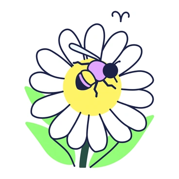 A bee with delicate wings is hovering above a daisy flower. The daisy features a circular arrangement of white petals surrounding a yellow center. The bee is poised near the center of the flower, making contact with the yellow portion. The scene captures the moment of pollination, with the bee's body positioned to extract nectar. The background includes more green leaves, creating a natural setting for this interaction.