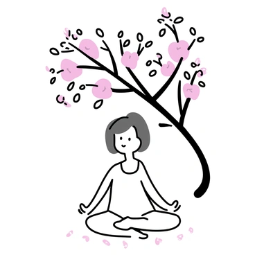 A person sitting cross-legged under an apple tree, with a serene expression. They are wearing a simple white tunic. The tree is full of branches laden with pink and white apple blossoms, some of which are gently falling around them. The ground is covered with a soft carpet of fallen blossoms. The scene captures the tranquility of the moment, emphasizing the connection between the person and nature.