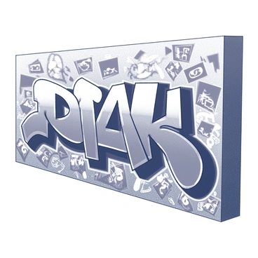 A large illustration board wall covered in intricate street graffiti. The graffiti features a variety of designs, including bold geometric shapes and dynamic lettering. Some sections have detailed characters with expressive poses. The overall composition fills the half of the wall, showcasing a mix of patterns and textures that create a visually engaging urban scene.