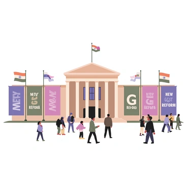 A large government building with a classic architectural design featuring tall columns and large windows. In front of the building, there are several flags waving in the wind, each displaying the national emblem. Banners are prominently displayed, featuring the text "New GST Reform" in bold letters. The banners are in vibrant colors, contrasting against the neutral tones of the building. There are people walking in front of the building, some stopping to read the banners, while others are engaged in discussions. The scene conveys a sense of activity and importance surrounding the announcement.