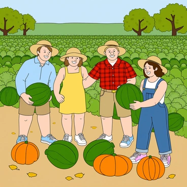 A group of friends harvesting melons in a sunny field during autumn.