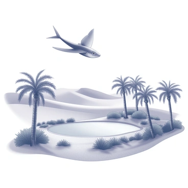 A desert oasis is depicted, featuring a small body of water surrounded by lush palm trees and green vegetation. The sandy terrain stretches into the background, showing rolling dunes under a clear sky. Above the oasis, a flying fish is gracefully soaring through the air, its fins spread wide as it glides. The fish's body is elongated and streamlined, reflecting the sunlight. The scene captures the contrast between the vibrant oasis and the arid desert landscape surrounding it.