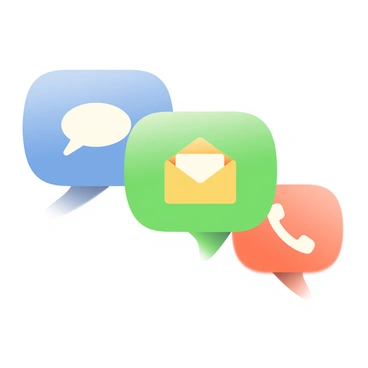 Three-dimensional floating message bubbles are arranged in a dynamic composition. The first bubble is a light blue color with a white chat icon inside, symbolizing messaging. The second bubble is vibrant green, featuring a yellow envelope icon to represent email. The third bubble is bright orange, displaying a white phone icon to indicate phone communication. Each bubble has a slight shadow beneath it, giving the illusion of depth. The bubbles are set against a soft gradient background that adds visual interest without distracting from the icons.