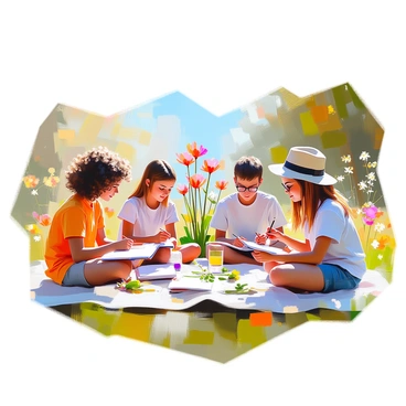 A group of five students engaged in botanical illustration outdoors, surrounded by various plants and flowers. Each student has a sketchbook and pencil in hand, intently focused on capturing the details of their chosen botanical subjects. One student, with curly hair, is drawing a vibrant red flower, while another, with glasses, is sketching a delicate green leaf. A third student, wearing a sun hat, is illustrating a cluster of colorful blossoms. In the background, there are lush trees and a blue sky, adding to the serene atmosphere of the outdoor learning environment. The students are seated on blankets spread across the grass, fully immersed in their creative process.