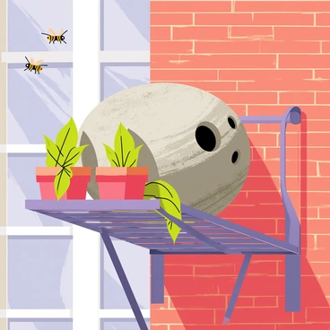 A hornet nest with a textured, gray exterior is attached to a metal fire escape on the side of a brick building. The nest has a bulbous shape with several small openings, indicating the presence of hornets flying around it. Surrounding the nest, there are potted plants with vibrant green leaves on the fire escape, and the building's weathered bricks create a contrasting background. Soft sunlight casts gentle shadows across the scene, highlighting the urban environment while maintaining focus on the hornet nest.