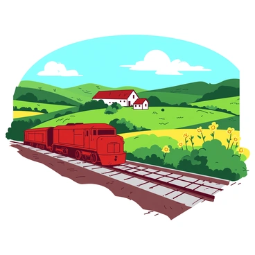 A set of red train wheels is prominently cutting through a picturesque countryside landscape. The wheels are turning swiftly on a set of gleaming silver tracks that stretch into the distance. Lush green fields flank both sides of the tracks, dotted with vibrant yellow flowers swaying gently in the breeze. In the background, rolling hills rise under a clear blue sky, adorned with fluffy white clouds. A quaint farmhouse with a red roof can be seen nestled among the fields, adding charm to the serene scene.