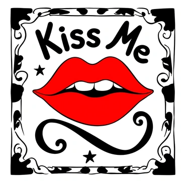 A retro-style poster displaying a large, bold "red lip" illustration at the center. The lip is surrounded by stylized decorative elements, such as swirls and stars in a vintage design. The poster has a patterned border reminiscent of the 1950s. Words "Kiss Me" are elegantly integrated into the design, positioned at the top. The overall composition has a nostalgic feel, capturing the essence of mid-20th century advertisements.