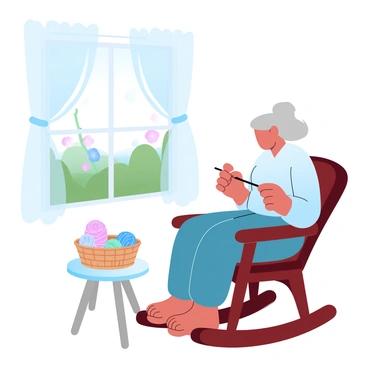 An old woman peacefully knitting in a rocking chair by the window