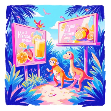A vibrant 3D jungle scene is filled with oversized advertisements in bright colors. Among the towering signs, playful animated creatures of various shapes and sizes are exploring the environment. A small, colorful bird flutters around a sign featuring a tropical drink, while a chubby monkey swings from one sign to another. A friendly dinosaur stands next to a large billboard displaying a tasty snack. Lush green foliage surrounds the area, and a vibrant blue sky peeks through the leaves. The creatures exhibit expressions of curiosity and excitement as they interact with the advertisements.