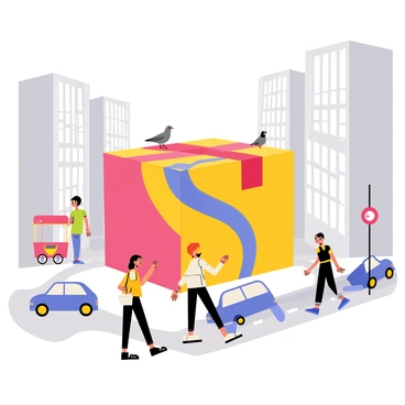 A large, brightly colored box positioned in the center of a busy city street. The box has a whimsical design, featuring swirls of red, blue, and yellow. Tall skyscrapers surround the box, and people in the foreground hurry past, some looking curiously at the box. Cars and buses drive along the road, adding to the sense of a bustling city atmosphere. A couple of pigeons are perched on top of the box, while a street vendor cart is seen nearby. The scene captures the contrast between the vibrant box and the gray urban environment.