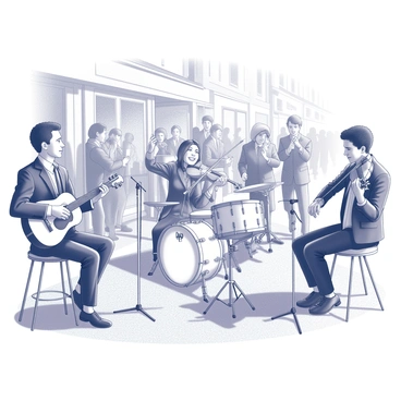 A group of street musicians is performing energetically on Grafton Street. The musicians consist of a guitarist, a violinist, and a drummer, each focused on their instruments. The guitarist is seated on a stool, strumming chords, while the violinist stands beside him, passionately playing a lively melody. The drummer is positioned behind them, keeping a steady beat with a small drum set. A diverse crowd has gathered around the musicians, with some people clapping along to the rhythm, while others are filming the performance on their phones. The street is lined with charming shops and cafes, adding to the vibrant atmosphere of the scene.