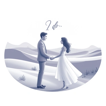A couple stands facing each other, deeply engaged in a moment of love and commitment. They are holding hands, with the male figure wearing a light-colored suit and the female figure in a flowing white dress. The background is an expansive desert landscape, characterized by rolling sand dunes and sparse vegetation. A gentle breeze can be represented by the way the sand shifts lightly at their feet, as well as the woman's dress and hair flowing softly. The sun is setting on the horizon, casting elongated shadows and creating a warm glow around the couple. "I do" is written in elegant script above them, capturing the essence of their vows.
